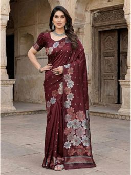 Anjaneya Sarees - Maroon Designer Banarasi Silk Kanjivaram Solid Saree with Unstitched Blouse