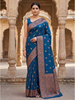 Anjaneya Sarees - Blue Designer Banarasi Silk Kanjivaram Solid Saree with Unstitched Blouse