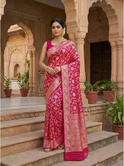 Anjaneya Sarees - Pink Designer Banarasi Silk Kanjivaram Solid Saree with Unstitched Blouse