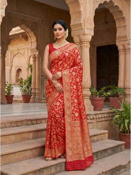 Anjaneya Sarees - Red Designer Banarasi Silk Kanjivaram Solid Saree with Unstitched Blouse