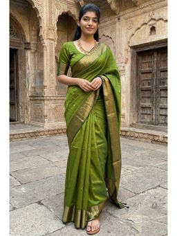 Anjaneya Sarees - Green Designer Cotton Silk Kanjivaram Solid Saree with Unstitched Blouse