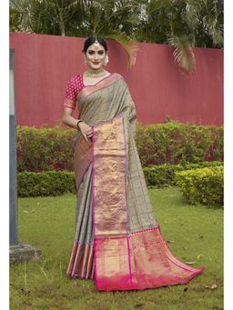 JUST FASHION - Grey Woven Design Banarasi Art Silk Saree with Unstitched Blouse