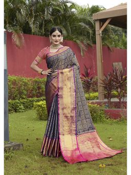 JUST FASHION - Navy Blue Woven Design Banarasi Art Silk Saree with Unstitched Blouse