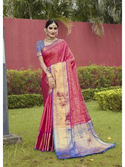 JUST FASHION - Pink Woven Design Banarasi Art Silk Saree with Unstitched Blouse