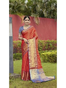JUST FASHION - Red Woven Design Banarasi Art Silk Saree with Unstitched Blouse