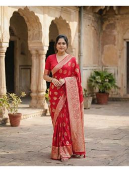 Anjaneya Sarees - Red Designer Banarasi Silk Kanjivaram Solid Saree with Unstitched Blouse