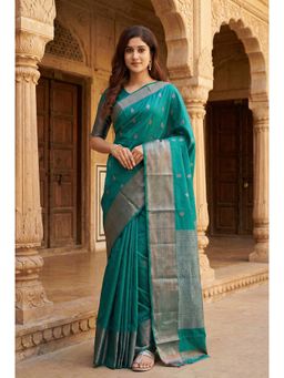 Anjaneya Sarees - Green Designer Banarasi Silk Kanjivaram Solid Saree with Unstitched Blouse