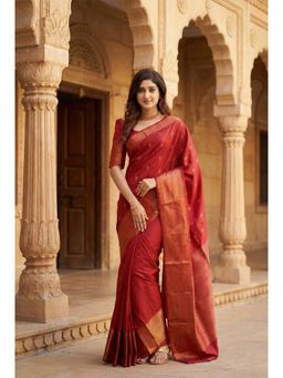 Anjaneya Sarees - Red Designer Banarasi Silk Kanjivaram Solid Saree with Unstitched Blouse