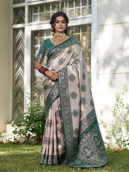 Sutriti - Dark Green Banarasi Silk Saree with Unstitched Blouse