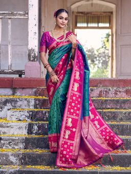 Sutriti - Teal Soft Silk Saree with Unstitched Blouse
