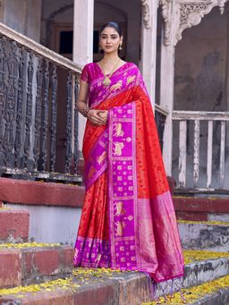 Sutriti - Orange Soft Silk Saree with Unstitched Blouse