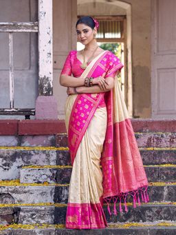 Sutriti - Cream Soft Silk Saree with Unstitched Blouse