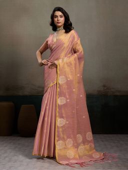 Sutriti - Peach and Gold Woven Tissue Silk Saree with Unstitched Blouse