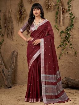 Sutriti - Maroon Woven Design Linen Saree with Unstitched Blouse