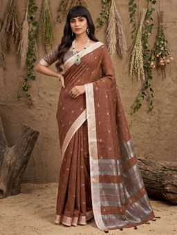 Sutriti - Coffee Brown Woven Design Linen Saree with Unstitched Blouse
