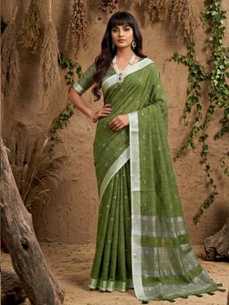 Sutriti - Olive Green Woven Design Linen Saree with Unstitched Blouse