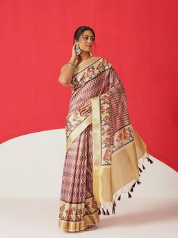 Silk Land - Multi-Colour Silk Floral Saree with Unstitched Blouse