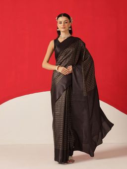 Silk Land - Black Silk Checks Saree with Unstitched Blouse
