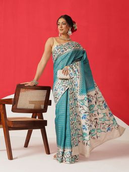 Silk Land - Teal Silk Checks Saree with Unstitched Blouse
