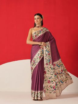 Silk Land - Purple Silk Checks Saree with Unstitched Blouse