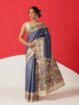 Silk Land - Blue Silk Checks Saree with Unstitched Blouse