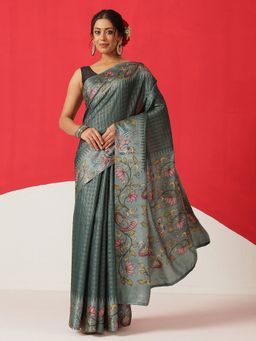 Silk Land - Grey Silk Checks Saree with Unstitched Blouse