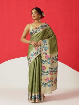 Silk Land - Olive Silk Checks Saree with Unstitched Blouse