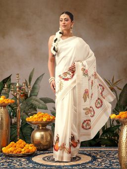 Silk Land - Beige Tanjore Art Silk Woven Saree with Unstitched Blouse