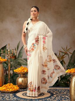 Silk Land - Beige Tanjore Art Silk Woven Saree with Unstitched Blouse