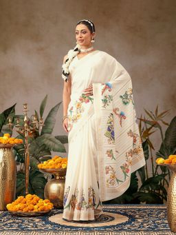 Silk Land - Beige Tanjore Art Silk Woven Saree with Unstitched Blouse