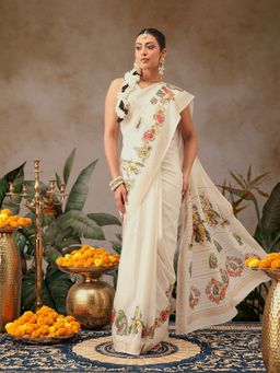 Silk Land - Beige Tanjore Art Silk Woven Saree with Unstitched Blouse