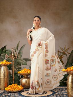Silk Land - Beige Premium Tanjore Art Silk Woven Saree with Unstitched Blouse