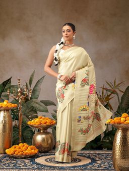 Silk Land - Beige Premium Tanjore Art Silk Woven Saree with Unstitched Blouse