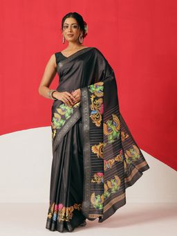 Silk Land - Black Tanjore Art Silk Woven Saree with Unstitched Blouse