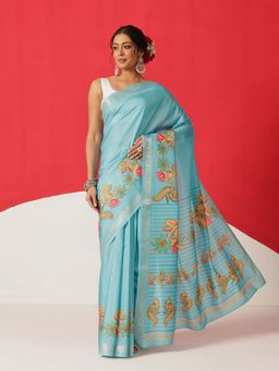 Silk Land - Blue Tanjore Art Silk Woven Saree with Unstitched Blouse