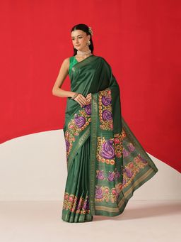 Silk Land - Green Tanjore Art Silk Woven Saree with Unstitched Blouse
