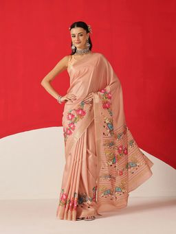 Silk Land - Peach Tanjore Art Silk Woven Saree with Unstitched Blouse