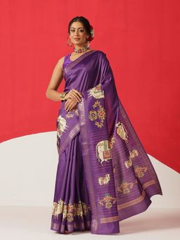 Silk Land - Purple Tanjore Art Silk Woven Saree with Unstitched Blouse