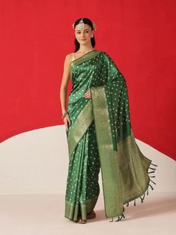 Silk Land - Green Silk Woven Saree with Unstitched Blouse