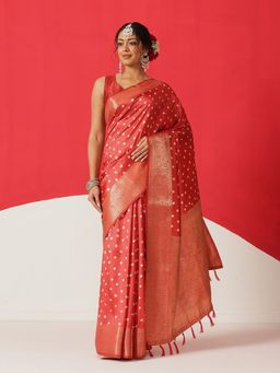 Silk Land - Red Silk Woven Saree with Unstitched Blouse