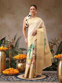 Silk Land - Beige Silk Woven Saree with Unstitched Blouse
