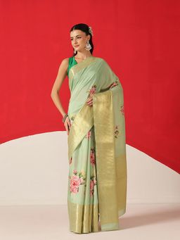 Silk Land - Green Silk Woven Saree with Unstitched Blouse