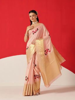 Silk Land - Peach Silk Woven Saree with Unstitched Blouse