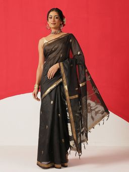 Silk Land - Dhakai Jamdani Black Cotton Blend Woven Saree with Unstitched Blouse
