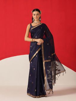 Silk Land - Dhakai Jamdani Navy Blue Cotton Blend Woven Saree with Unstitched Blouse
