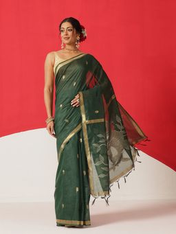 Silk Land - Dhakai Jamdani Green Cotton Blend Woven Saree with Unstitched Blouse