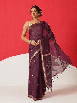 Silk Land - Dhakai Jamdani Wine Cotton Blend Woven Saree with Unstitched Blouse
