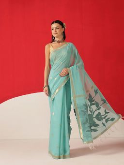 Silk Land - Teal Cotton Blend Woven Saree with Unstitched Blouse
