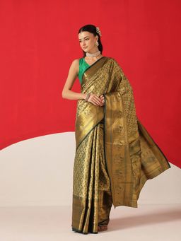 Silk Land - Baluchari Green Silk Woven Saree with Unstitched Blouse