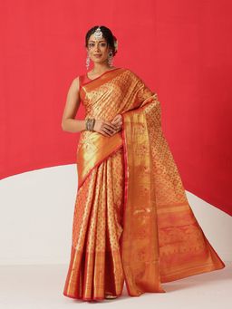 Silk Land - Baluchari Red Silk Woven Saree with Unstitched Blouse